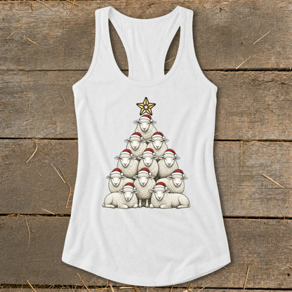 White tank top with a Christmas tree made of sheep wearing Santa hats.