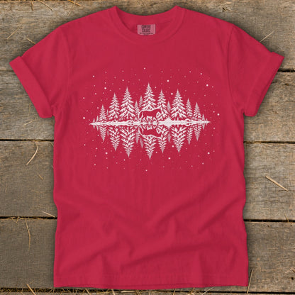 Red t-shirt with white print of pine trees, a horse, and its reflection.
