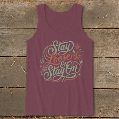 Burgundy tank top with "Stay Loose & Stay On" text and nautical design.
