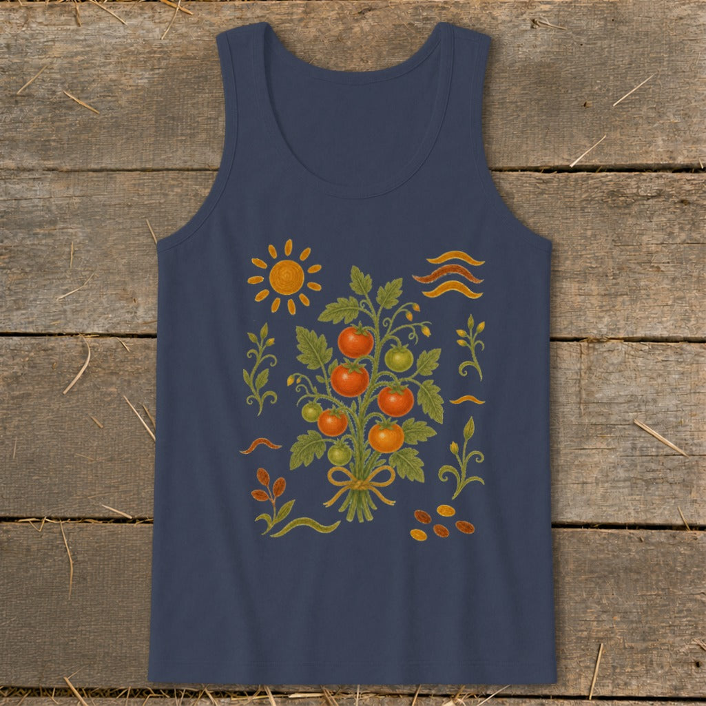 Navy tank top with a folk art tomato plant, sun, and seed design.