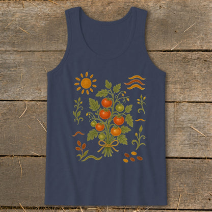 Navy tank top with a folk art tomato plant, sun, and seed design.