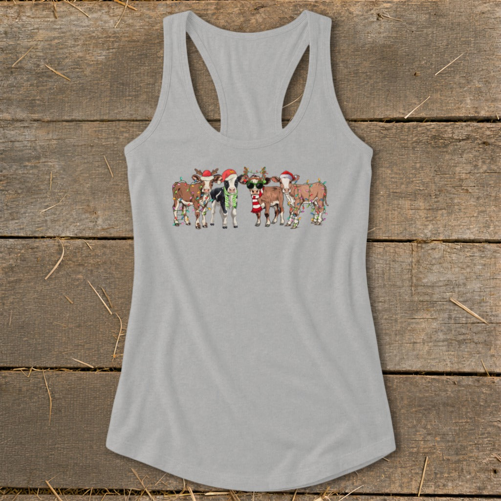 Gray tank top with a graphic of cows wearing Santa hats and Christmas lights.