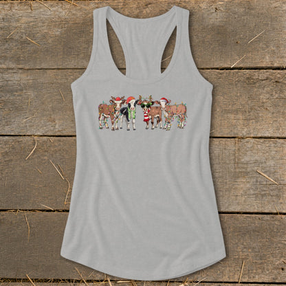 Gray tank top with a graphic of cows wearing Santa hats and Christmas lights.