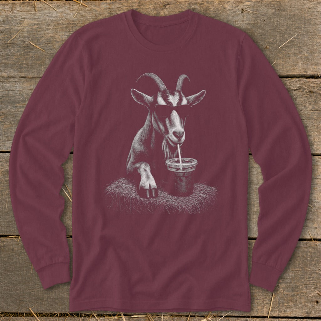 Maroon long sleeve shirt with a sketch of a goat wearing sunglasses drinking from a cup.