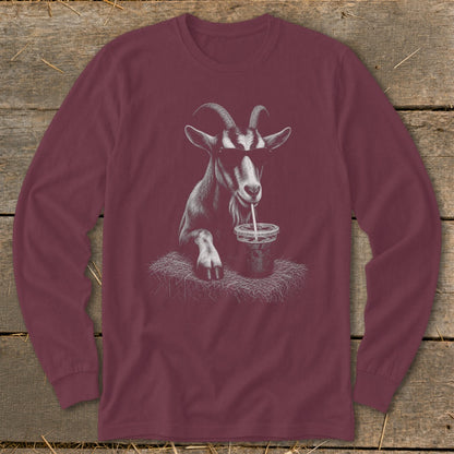 Maroon long sleeve shirt with a sketch of a goat wearing sunglasses drinking from a cup.