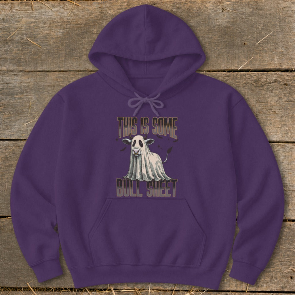 Purple hoodie with ghost cow and text "This is Some Bull Sheet".