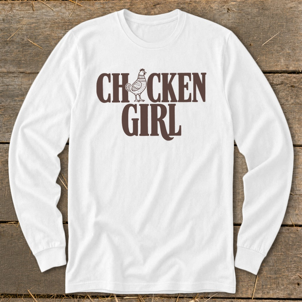 White long-sleeve shirt with "CHCKEN GIRL" text and chicken graphic.
