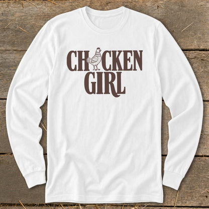 White long-sleeve shirt with "CHCKEN GIRL" text and chicken graphic.