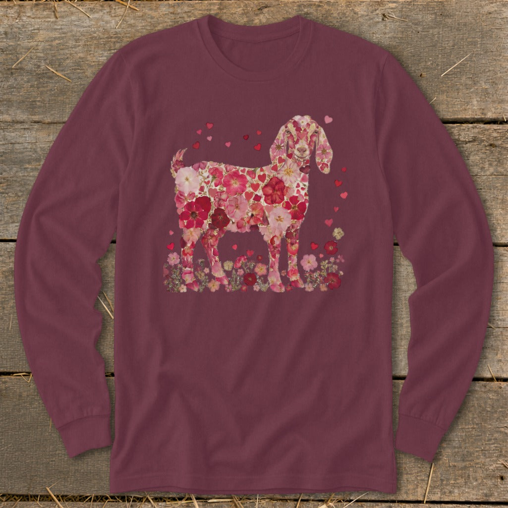 Maroon long-sleeve shirt with a floral goat design in shades of pink and red.