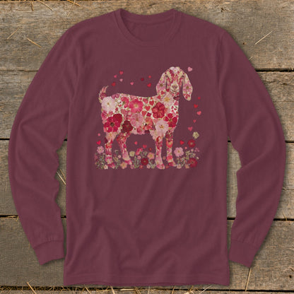 Maroon long-sleeve shirt with a floral goat design in shades of pink and red.