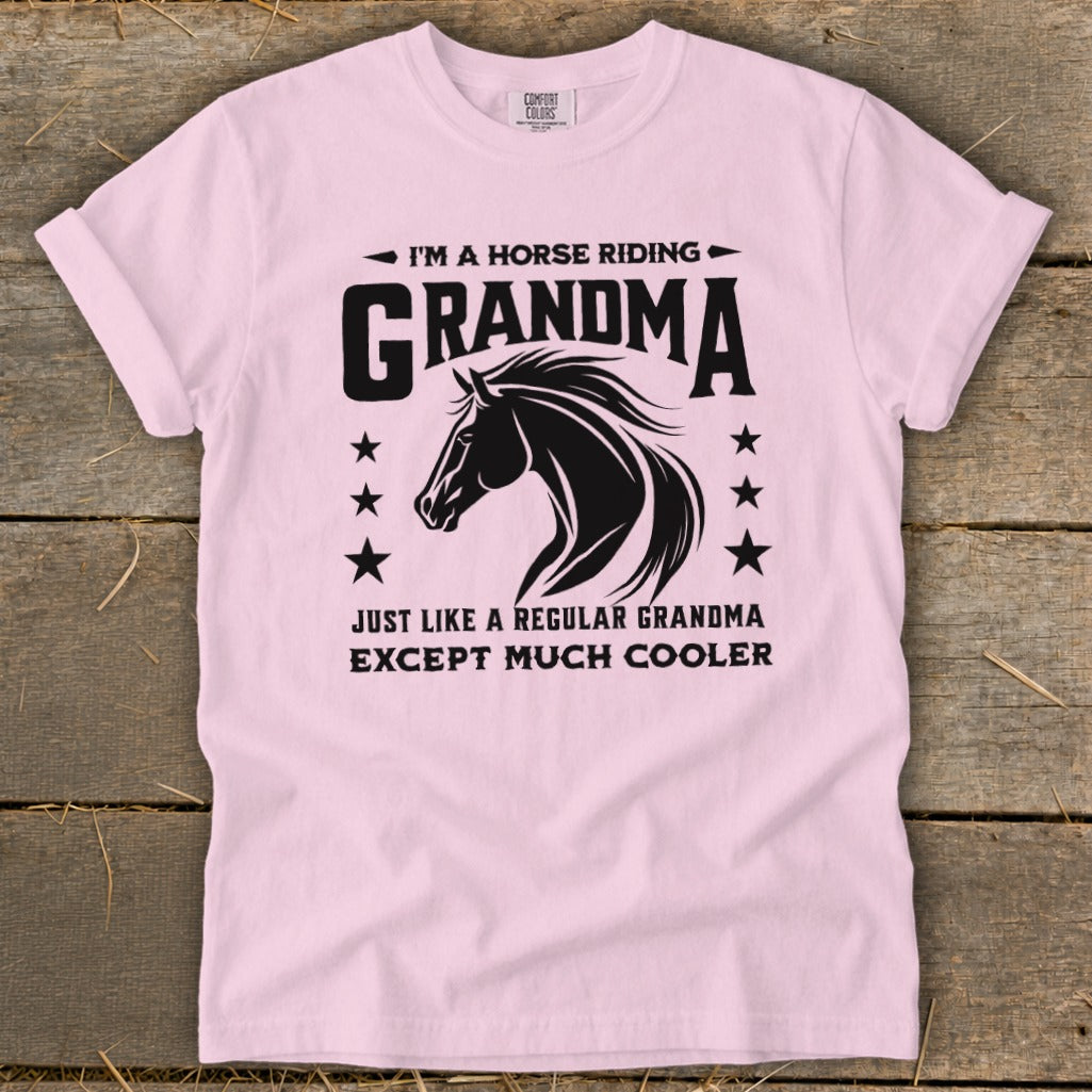 Pink t-shirt with black text "I'm a horse riding grandma, just like a regular grandma except much cooler."