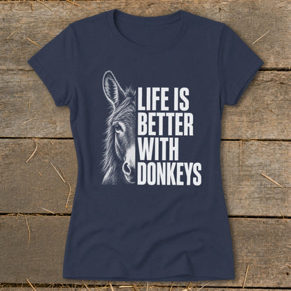 Navy t-shirt with a donkey illustration and the text "Life is Better With Donkeys".
