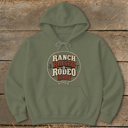 Olive green hoodie with "Ranch Raised Rodeo Ready" graphic in a circular rope design.