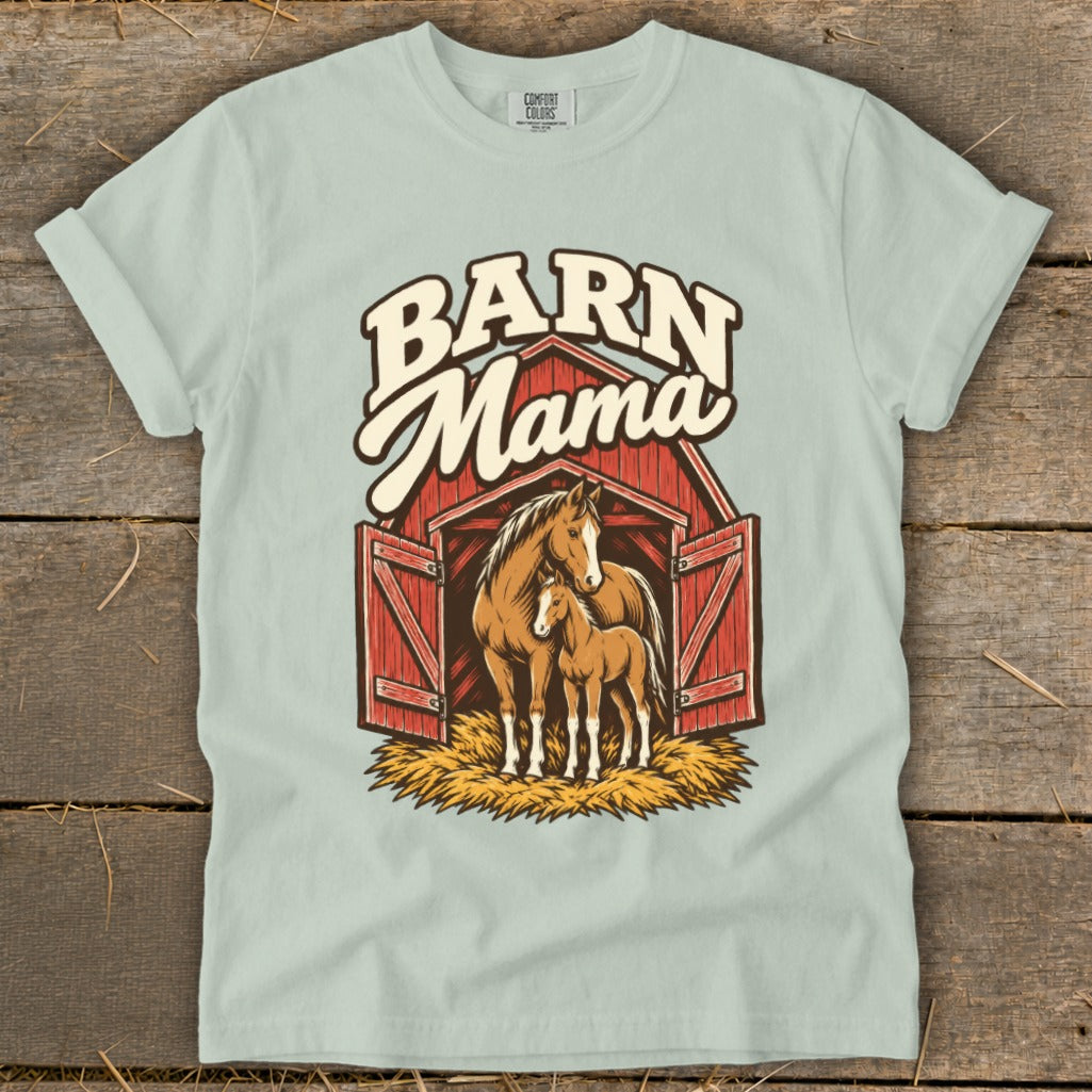 Light blue t-shirt with "Barn Mama" text above horses in a red barn.