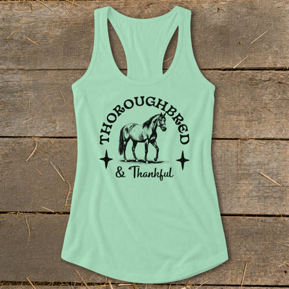 Mint green tank top with a horse graphic and text "Thoroughbred & Thankful."