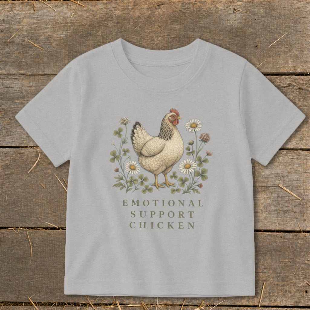 T-shirt with chicken illustration and text "Emotional Support Chicken".