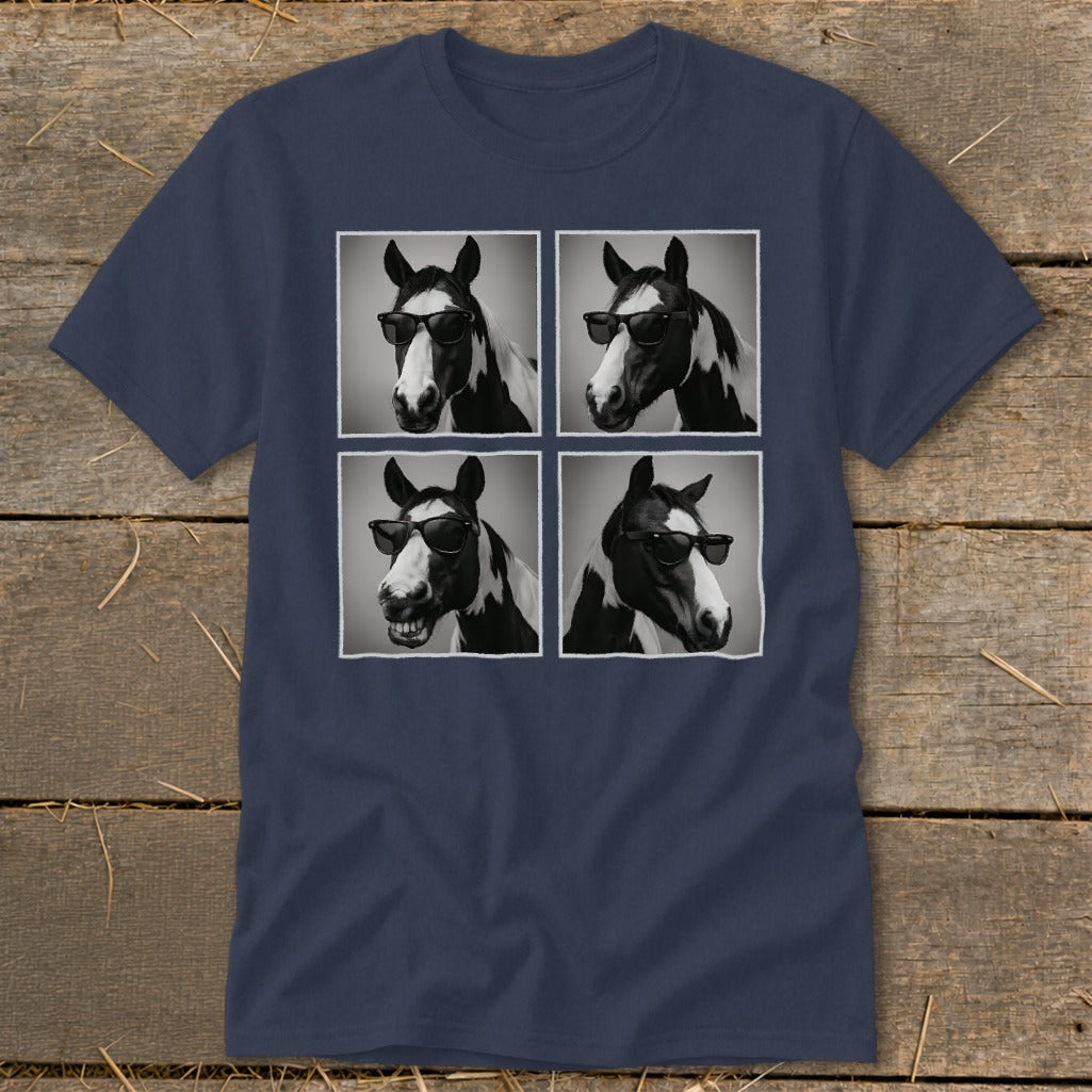 Four black and white portraits of a horse wearing sunglasses on a navy t-shirt.