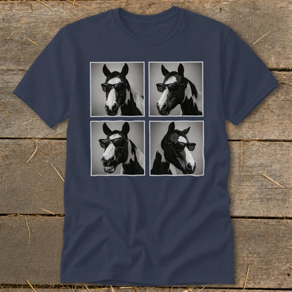 Four black and white portraits of a horse wearing sunglasses on a navy t-shirt.