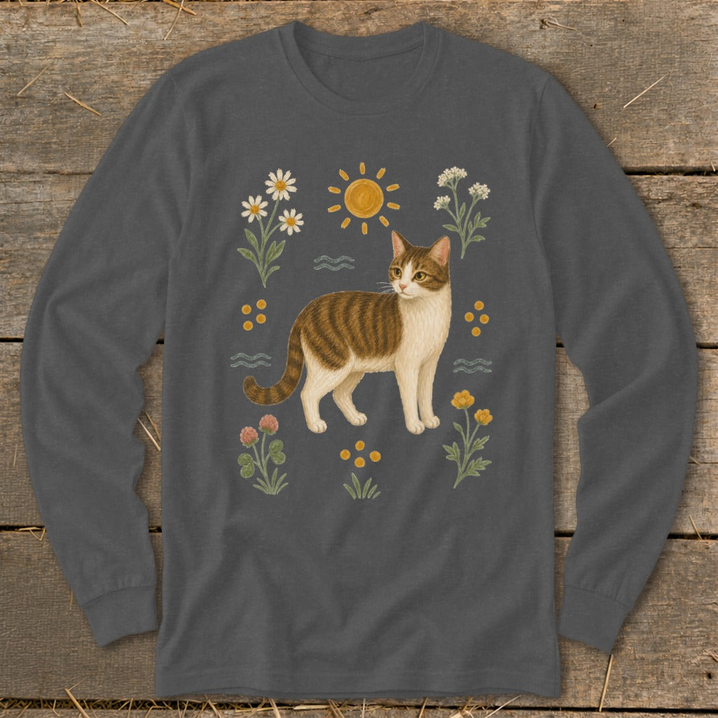 Long sleeve shirt with a tabby cat illustration and wildflowers.