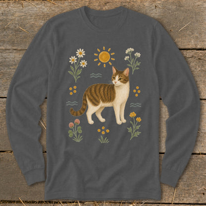 Long sleeve shirt with a tabby cat illustration and wildflowers.