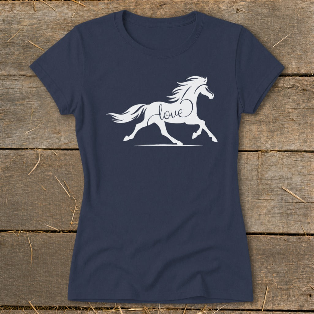 Navy t-shirt with white silhouette of a running horse and the word "love".