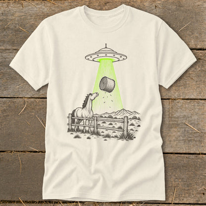 UFO beams hay bale onto a horse in a fenced field with mountains in background.