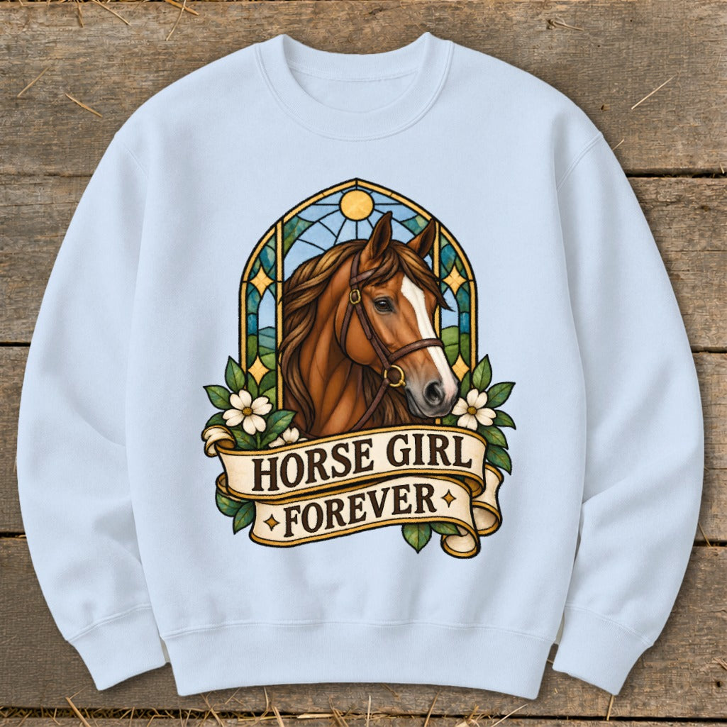 Light blue sweatshirt with a brown horse head and stained glass design. Text says "HORSE GIRL FOREVER."