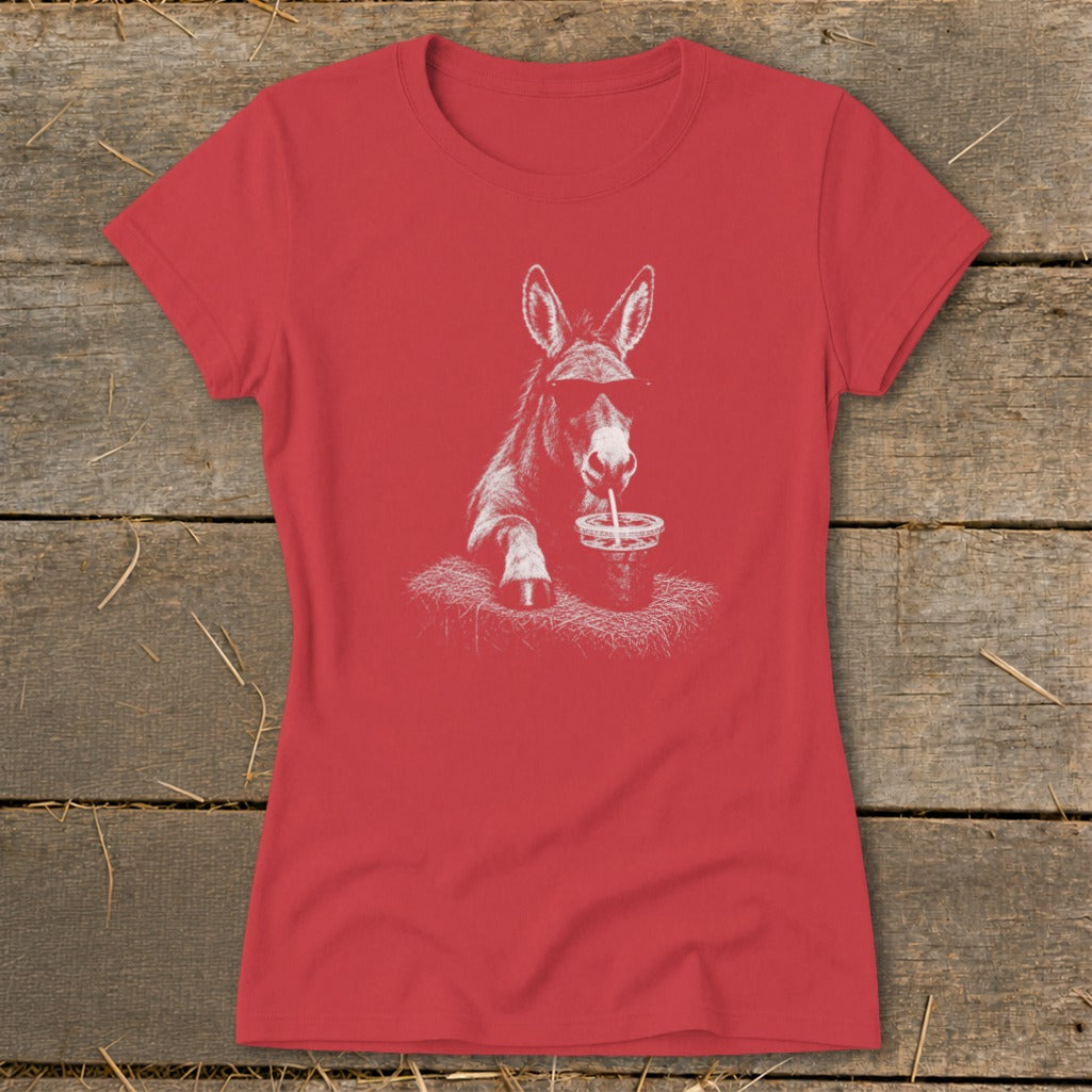 Red t-shirt with a white graphic of a donkey wearing sunglasses drinking from a cup.