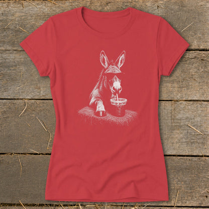 Red t-shirt with a white graphic of a donkey wearing sunglasses drinking from a cup.