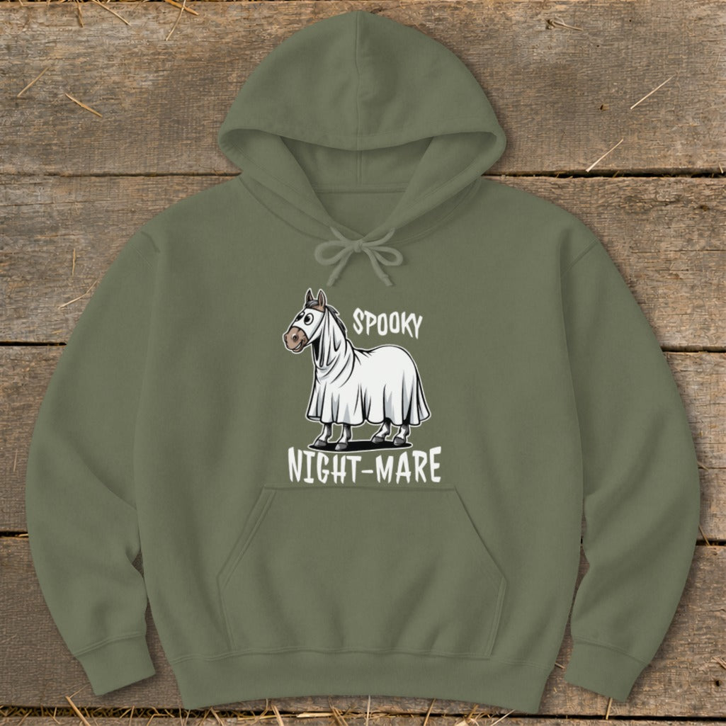 Olive hoodie with a cartoon horse wearing a ghost costume and "SPOOKY NIGHT-MARE" text.