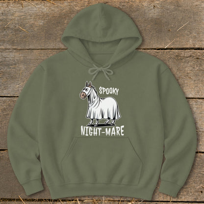 Olive hoodie with a cartoon horse wearing a ghost costume and "SPOOKY NIGHT-MARE" text.