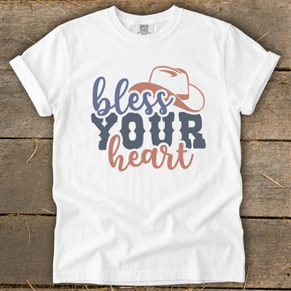 White t-shirt with "bless YOUR heart" text and cowboy hat graphic.