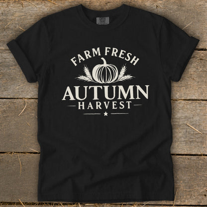 Black t-shirt with white text and graphics reading "Farm Fresh Autumn Harvest".