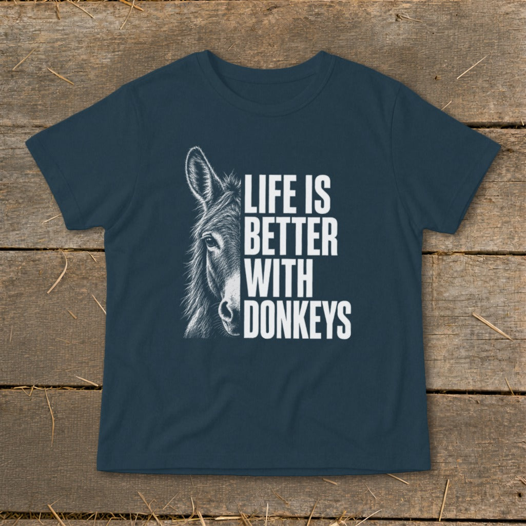 Navy t-shirt with donkey graphic and text "LIFE IS BETTER WITH DONKEYS".