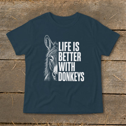Navy t-shirt with donkey graphic and text "LIFE IS BETTER WITH DONKEYS".