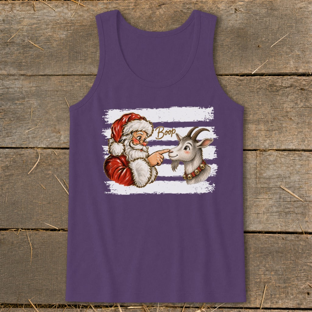 Santa booping a goat with the word "Boop" on a purple tank top.
