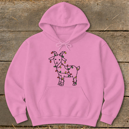 Pink hoodie with a line drawing of a goat wrapped in Christmas lights.