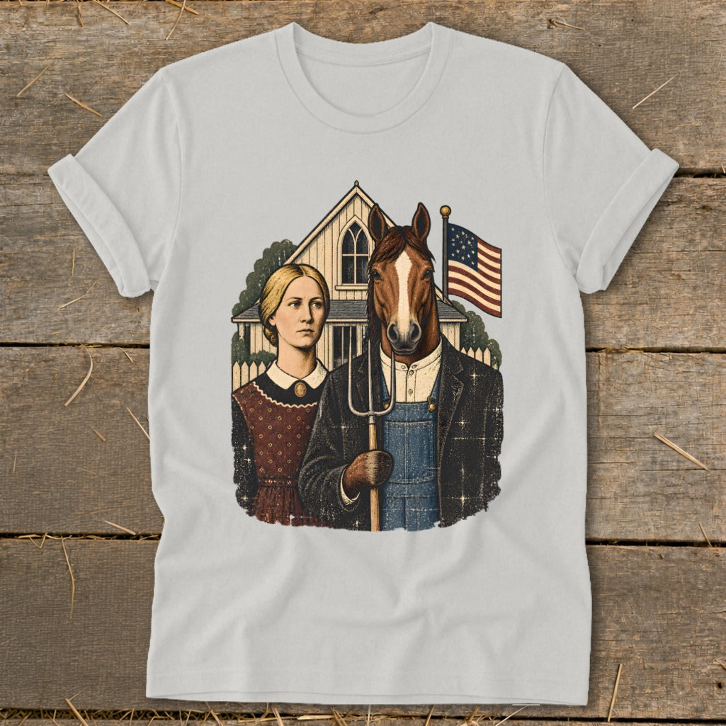 Light gray t-shirt featuring a parody of American Gothic with a woman and a horse-headed farmer holding a pitchfork.