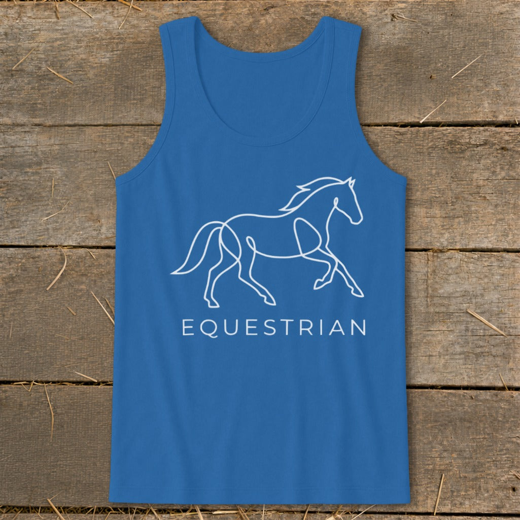 Blue tank top with white line art of a galloping horse and text "EQUESTRIAN".