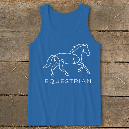 Blue tank top with white line art of a galloping horse and text "EQUESTRIAN".