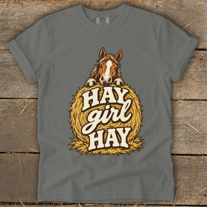 T-shirt with horse peeking over hay bale, saying "Hay girl hay."