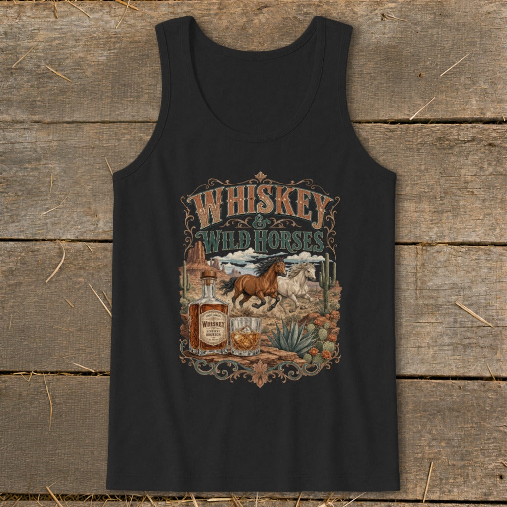 Black tank top with "Whiskey & Wild Horses" graphic featuring horses, whiskey bottle, and desert scenery.