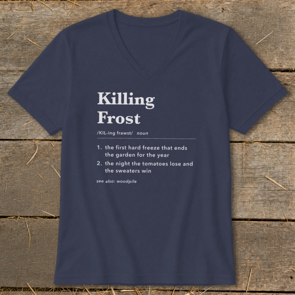 Navy blue V-neck t-shirt featuring dictionary-style definitions for Killing Frost printed in white.
