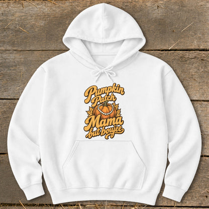 White hoodie with "Pumpkin Patch Mama but boujee" text and pumpkin graphic.