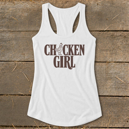 White tank top with "Chicken Girl" text and a chicken graphic.