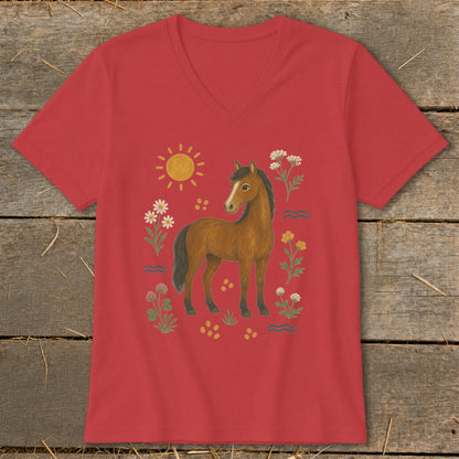 Red v-neck t-shirt with a brown horse and floral illustration.