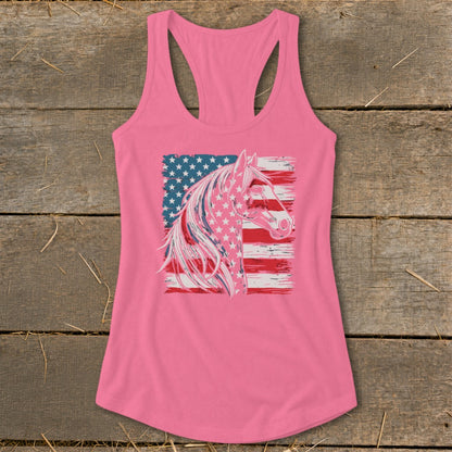 Pink tank top with a distressed American flag horse graphic.