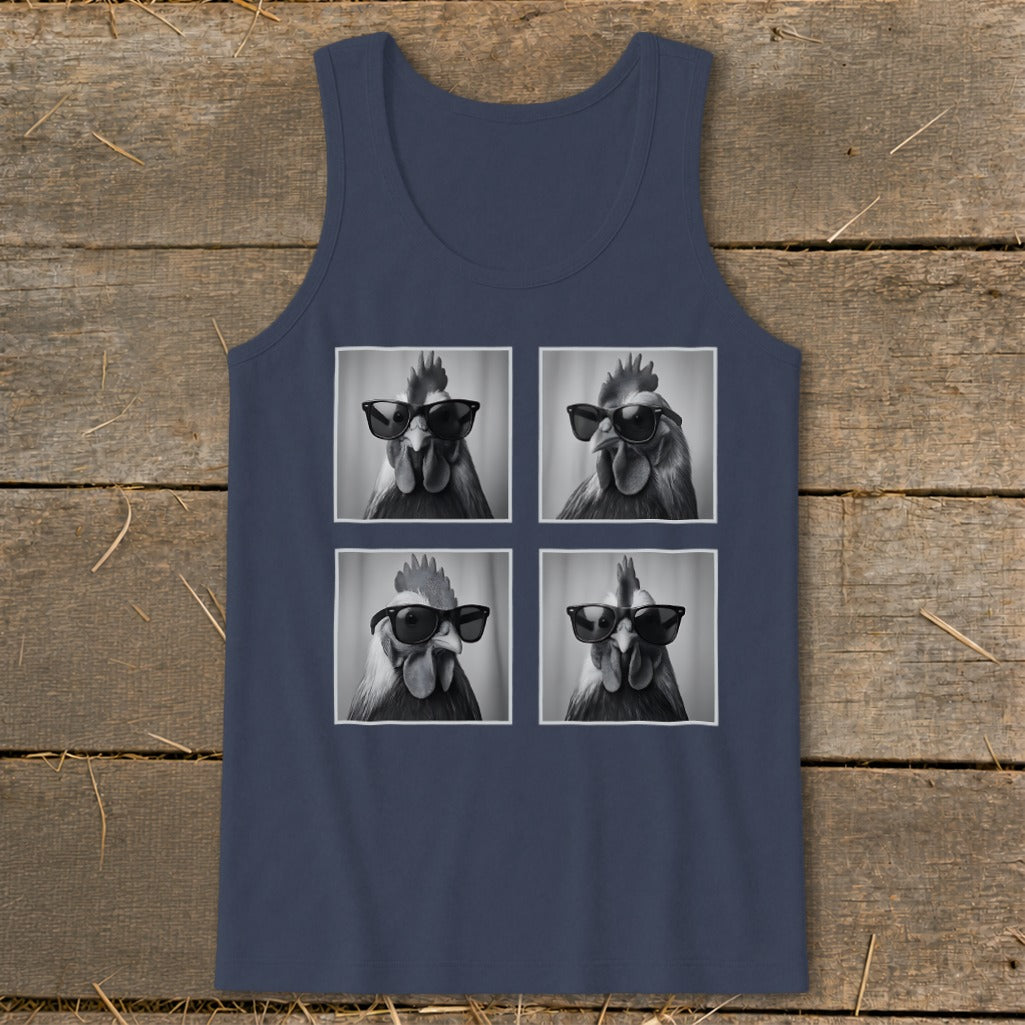 Dark navy tank top with four black and white square panels of roosters wearing sunglasses.