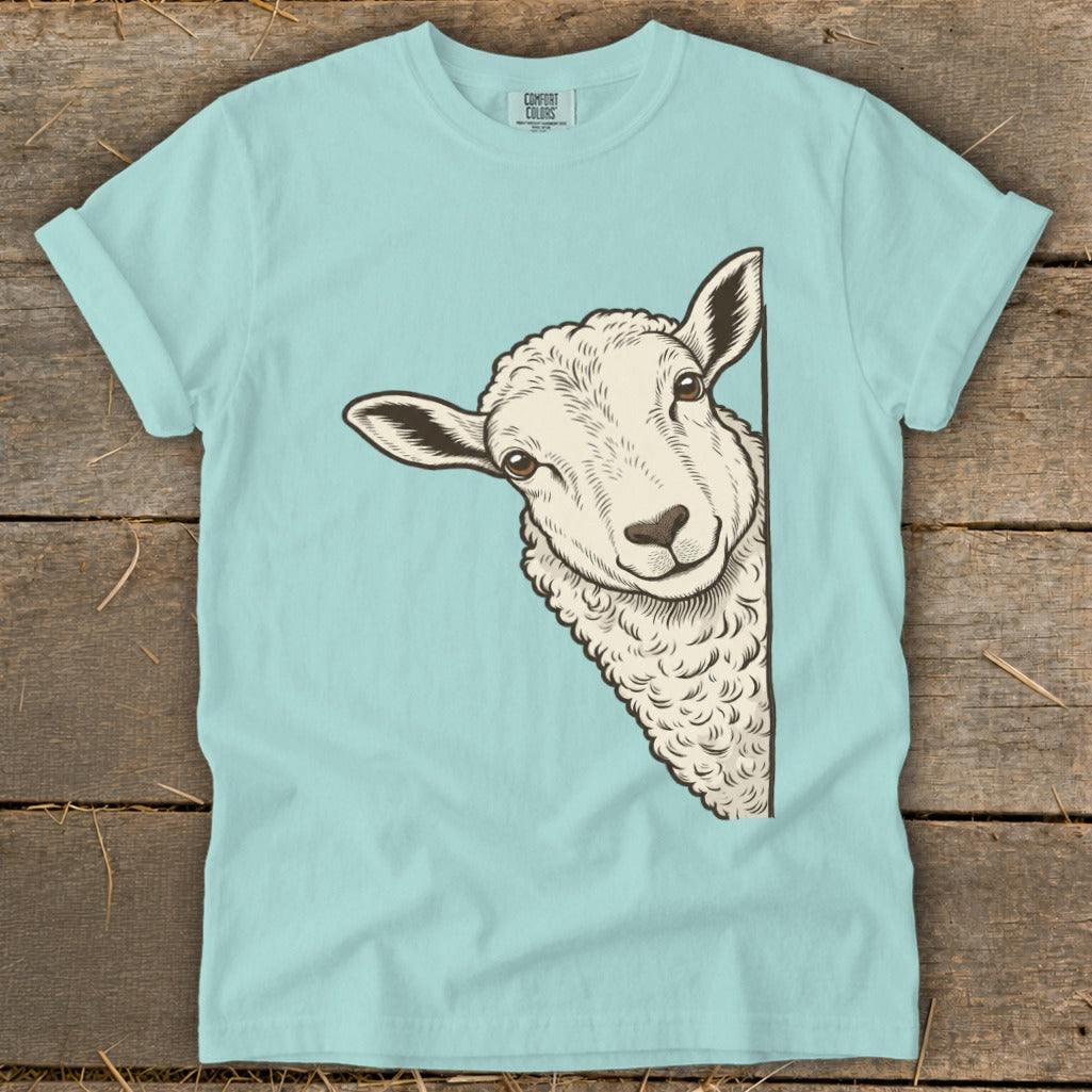 Light blue t-shirt with a peeking sheep graphic.