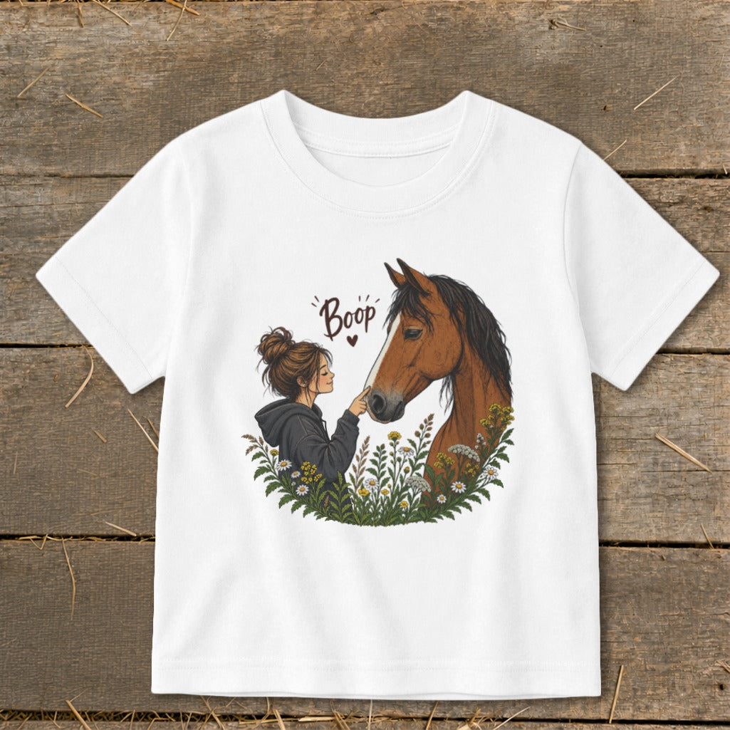 Girl touching horse's nose with "Boop" text and heart graphic.